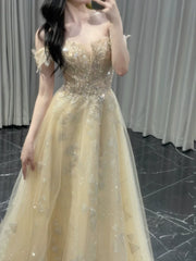 Classy A line Off The Shoulder With Cap Sleeves Sequins Long Formal Prom Dresses Dance Night Outfits Party Gowns AB2200
