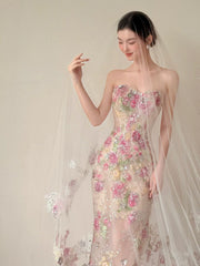 Classy Mermaid Strapless Floral Lace Long Formal Prom Dresses Dance Night Outfits Party Gowns AB2201