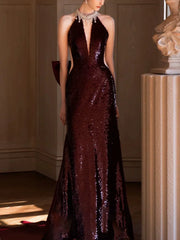 Modest Mermaid High Neck Sequins Burgundy Prom Dresses Inspiration Long Party Evening Dress 21st Birthday Outfits AB2293