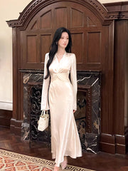 Sexy Mermaid V Neck White Satin Ankle Length Prom Dresses Wedding Guest Dress 22th Birthday Outfits AB2490