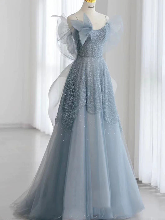 Modest Ball Gown Spaghetti Straps Dusty Blue Tulle Prom Dresses Inspiration Long Party Night Evening Dress 20th Birthday Outfits AB2332