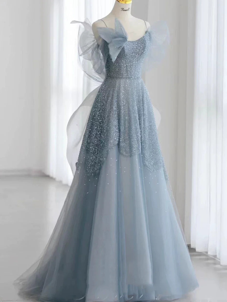 Modest Ball Gown Spaghetti Straps Dusty Blue Tulle Prom Dresses Inspiration Long Party Night Evening Dress 20th Birthday Outfits AB2332