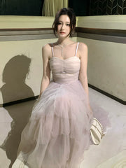 Modest A line Spaghetti Straps Pink Tulle Prom Dresses Wedding Guest Gown 16th Party Birthday Outfits AB2427