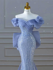 Modest Prom Dresses Aesthetic Mermaid Off The Shoulder Blue Inspiration Style Impress With Short Sleeves Long Party Formal Gown AB2333