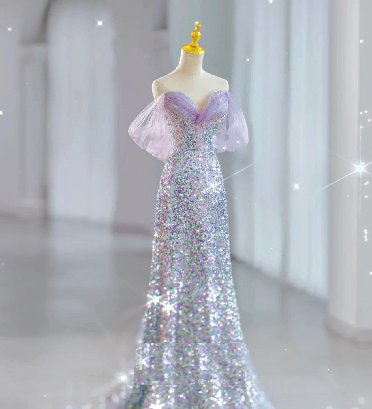 Modest Mermaid Off The Shoulder Lilac Sequins Prom Dresses Inspiration Long Party Night Evening Dress 19th Birthday Outfits AB2319