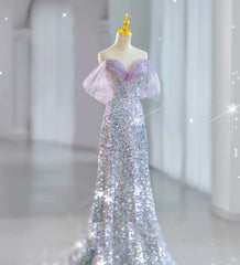 Modest Mermaid Off The Shoulder Lilac Sequins Prom Dresses Inspiration Long Party Night Evening Dress 19th Birthday Outfits AB2319