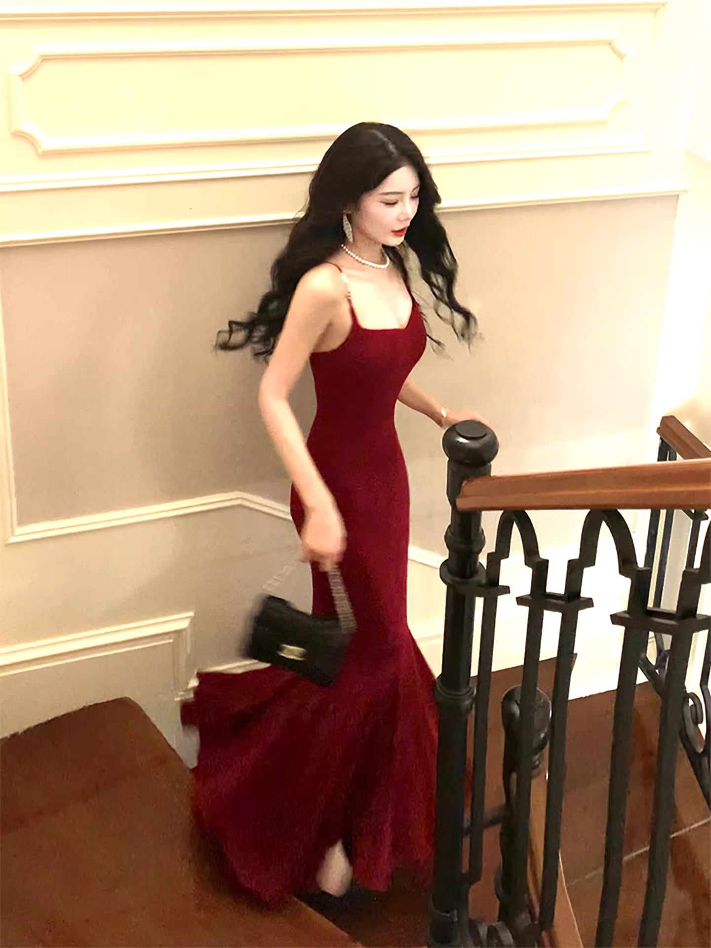 Modest Mermaid Spaghetti Straps Burgundy Long Prom Dresses Wedding Guest Dress 20th Birthday Outfits AB2493