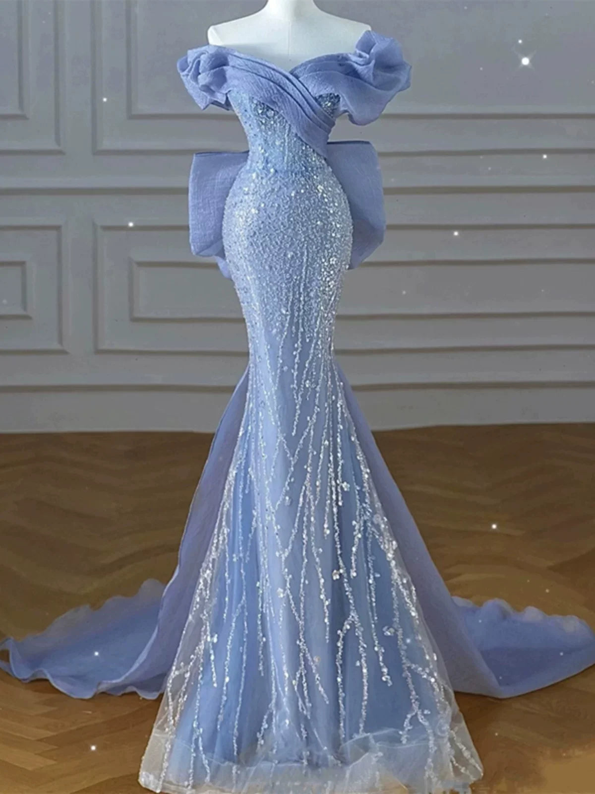 Modest Prom Dresses Aesthetic Mermaid Off The Shoulder Blue Inspiration Style Impress With Short Sleeves Long Party Formal Gown AB2333