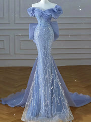 Modest Prom Dresses Aesthetic Mermaid Off The Shoulder Blue Inspiration Style Impress With Short Sleeves Long Party Formal Gown AB2333