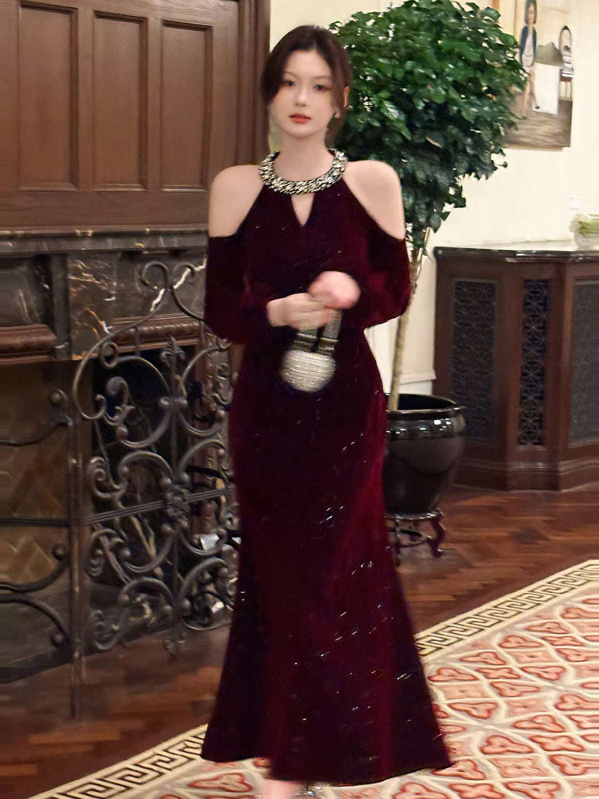 Sexy Mermaid Jewel Neck Burgundy Velvet Long Sleeves Ankle Length Prom Dresses Wedding Guest Dress 22th Birthday Outfits AB2499