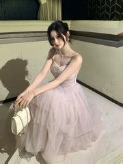 Modest A line Spaghetti Straps Pink Tulle Prom Dresses Wedding Guest Gown 16th Party Birthday Outfits AB2427