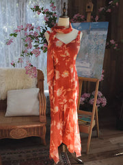 Vintage 1950s Mermaid V Neck Floral Chiffon With Scarf Prom Dresses Inspiration Long Party Evening Dress 18th Birthday Outfits AB2378