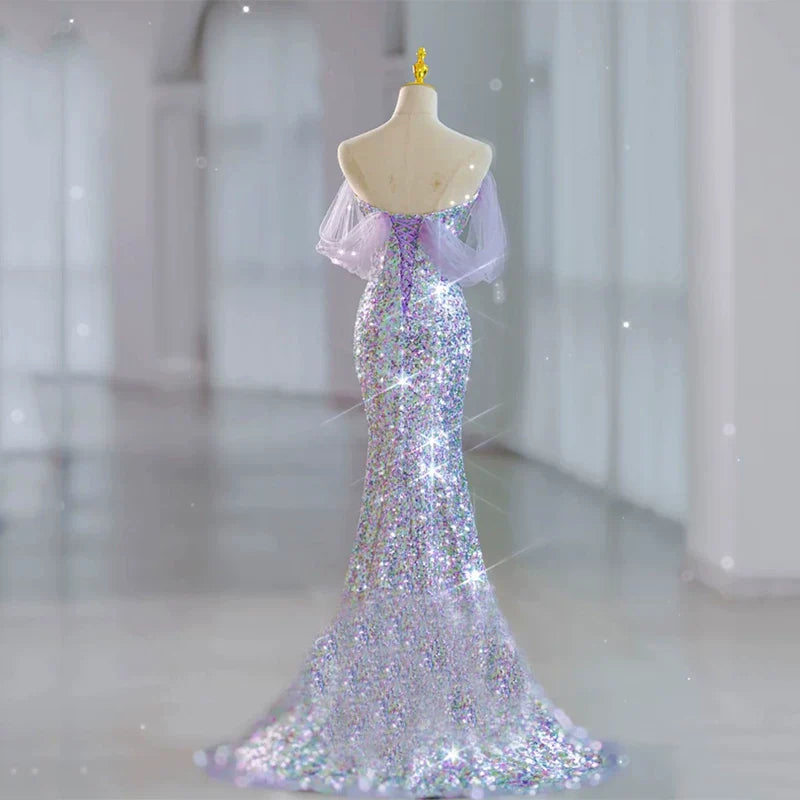Modest Mermaid Off The Shoulder Lilac Sequins Prom Dresses Inspiration Long Party Night Evening Dress 19th Birthday Outfits AB2319