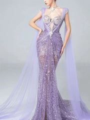 Sparkly Mermaid Evening Dress Halter Lilac Sequins Prom Dress Long Party Dress 21st Birthday Outfits AB2317