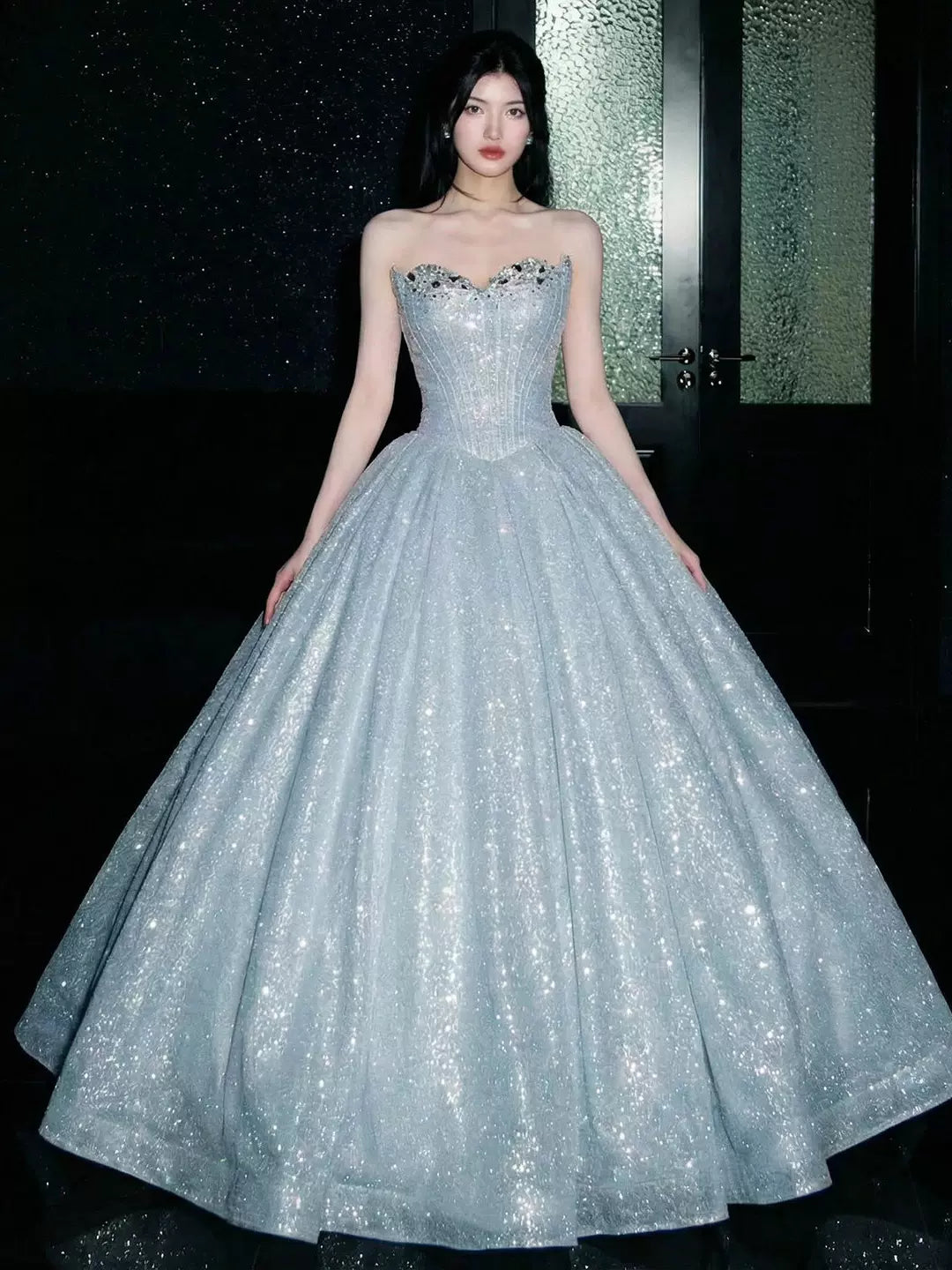 Sparkly Ball Gown 2026 Strapless Blue Sequins Prom Dresses Inspiration Long Party Night Evening Gowns 19th Birthday Outfits AB2265