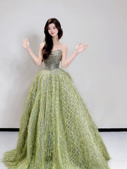 Princess Ball Gown Strapless Green Sequins Bodice Prom Dresses Inspiration Long Party Night Gowns 20th Birthday Outfits AB2263