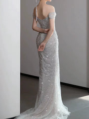 Modest Mermaid Off The Shoulder Silver Sequins With Pleated Prom Dresses Inspiration Long Party Night Evening Dress 19th Birthday Outfits AB2271