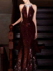 Modest Mermaid High Neck Sequins Burgundy Prom Dresses Inspiration Long Party Evening Dress 21st Birthday Outfits AB2293