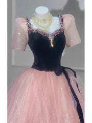 Princess Ball Gown Sweetheart With Short Sleeves Pink Tulle Bodice Prom Dresses Inspiration Long Party Gowns 20th Birthday Outfits AB2267