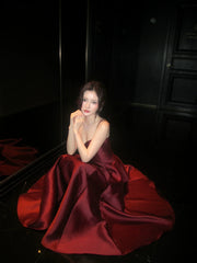 Modest A line Spaghetti Straps Burgundy Satin Prom Dresses Wedding Guest Dress 20th Party Birthday Outfits AB2429