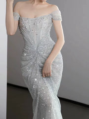 Modest Mermaid Off The Shoulder Silver Sequins With Pleated Prom Dresses Inspiration Long Party Night Evening Dress 19th Birthday Outfits AB2271