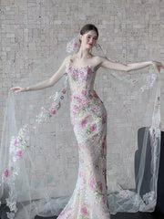 Classy Mermaid Strapless Floral Lace Long Formal Prom Dresses Dance Night Outfits Party Gowns AB2201