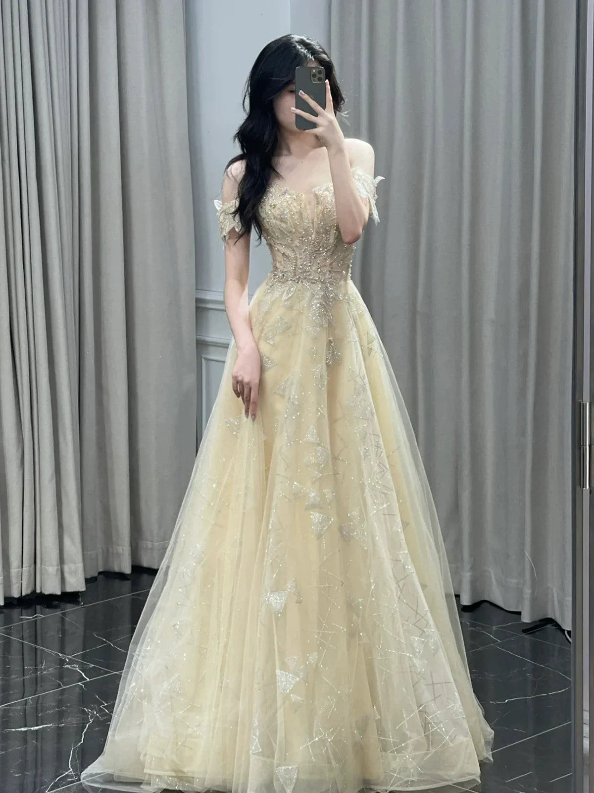 Classy A line Off The Shoulder With Cap Sleeves Sequins Long Formal Prom Dresses Dance Night Outfits Party Gowns AB2200
