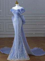 Modest Prom Dresses Aesthetic Mermaid Off The Shoulder Blue Inspiration Style Impress With Short Sleeves Long Party Formal Gown AB2333