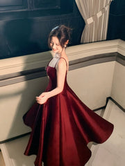 Modest A line Spaghetti Straps Burgundy Satin Prom Dresses Wedding Guest Dress 20th Party Birthday Outfits AB2429