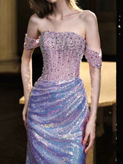 Elegant Mermaid Off The Shoulder Lilac Sequins Prom Dresses Inspiration Long Party Evening Dress 19th Birthday Outfits AB2305