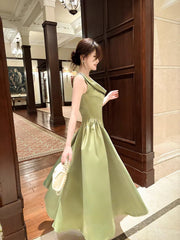 Elegant A line Square Neck Green Satin Ankle Length Prom Dresses 17th Nigh Party Birthday Outfits AB2481
