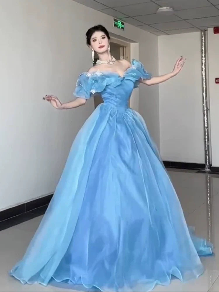 Princess Ball Gown Off The Shoulder Blue Prom Dresses Inspiration Long Party Night Gowns 20th Birthday Outfits AB2240