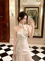 Elegant Mermaid Halter Ivory Ankle Length Prom Dresses 17th Nigh Party Birthday Outfits AB2484