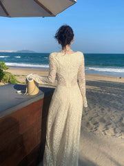 Elegant A line Square Neck White Lace Long Sleeves Prom Dresses 16th Nigh Party Birthday Outfits AB2467