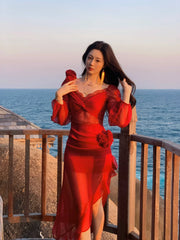 Modest Mermaid Sweetheart Red Satin Long Sleeves Prom Dresses Wedding Guest Dress 16th Birthday Outfits AB2447
