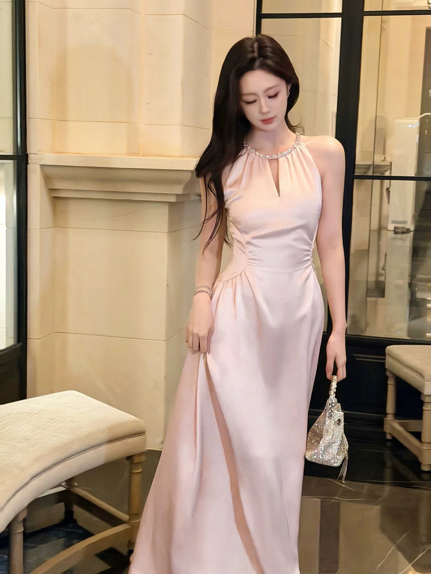 Sexy A line Scoop Neck Pink Satin Prom Dresses Wedding Guest Dress 20th Birthday Outfits AB2468