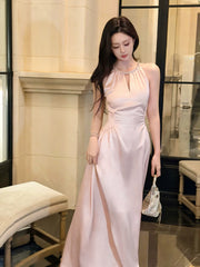 Sexy A line Scoop Neck Pink Satin Prom Dresses Wedding Guest Dress 20th Birthday Outfits AB2468