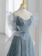 Modest Ball Gown Spaghetti Straps Dusty Blue Tulle Prom Dresses Inspiration Long Party Night Evening Dress 20th Birthday Outfits AB2332