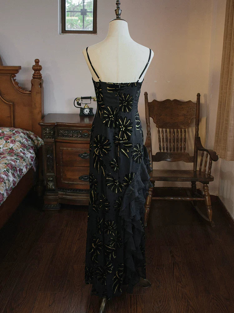 Vintage 1960s Mermaid Spaghetti Straps Black Chiffon Prom Dresses Inspiration Long Party Evening Dress 18th Birthday Outfits AB2387