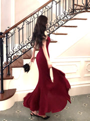 Modest Mermaid Spaghetti Straps Burgundy Long Prom Dresses Wedding Guest Dress 20th Birthday Outfits AB2493