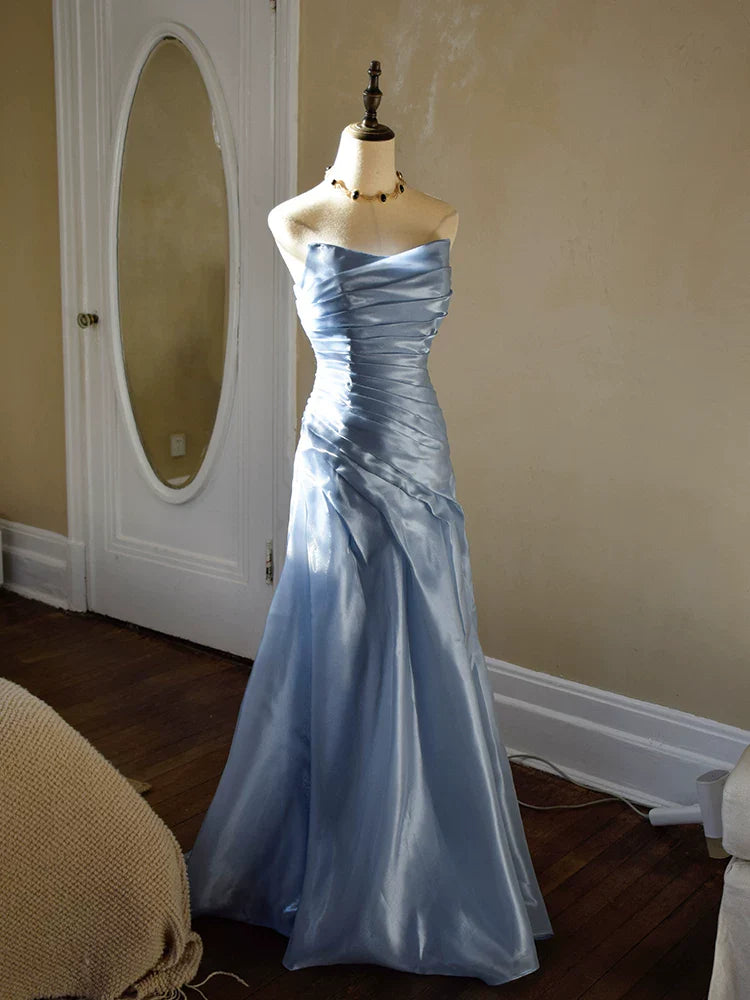 Vintage Mermaid Strapless Blue Long Prom Dresses With Pleated Inspiration Party Night Evening Dress 18th Birthday Outfits AB2369