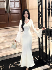 Sexy Mermaid Cowl Neck White Satin Ankle Length Prom Dresses Wedding Guest Dress 20th Birthday Outfits AB2483