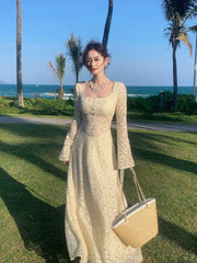 Elegant A line Square Neck White Lace Long Sleeves Prom Dresses 16th Nigh Party Birthday Outfits AB2467
