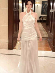 Elegant Mermaid Halter Ivory Ankle Length Prom Dresses 17th Nigh Party Birthday Outfits AB2484