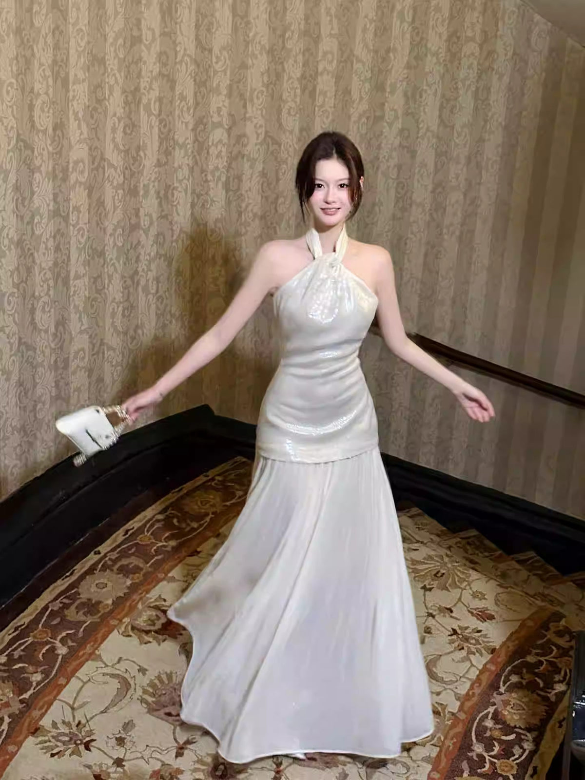 Elegant Mermaid Halter Ivory Ankle Length Prom Dresses 17th Nigh Party Birthday Outfits AB2484