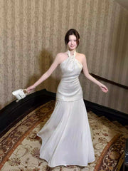 Elegant Mermaid Halter Ivory Ankle Length Prom Dresses 17th Nigh Party Birthday Outfits AB2484