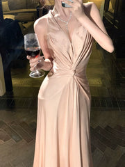 Modest A Line Halter Pink Satin Backless Prom Dresses Wedding Guest Dress 20th Birthday Outfits AB2458