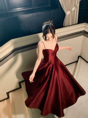 Modest A line Spaghetti Straps Burgundy Satin Prom Dresses Wedding Guest Dress 20th Party Birthday Outfits AB2429