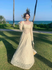 Elegant A line Square Neck White Lace Long Sleeves Prom Dresses 16th Nigh Party Birthday Outfits AB2467