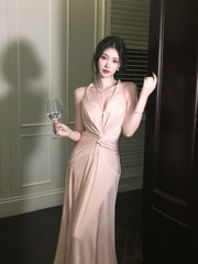 Modest A Line Halter Pink Satin Backless Prom Dresses Wedding Guest Dress 20th Birthday Outfits AB2458